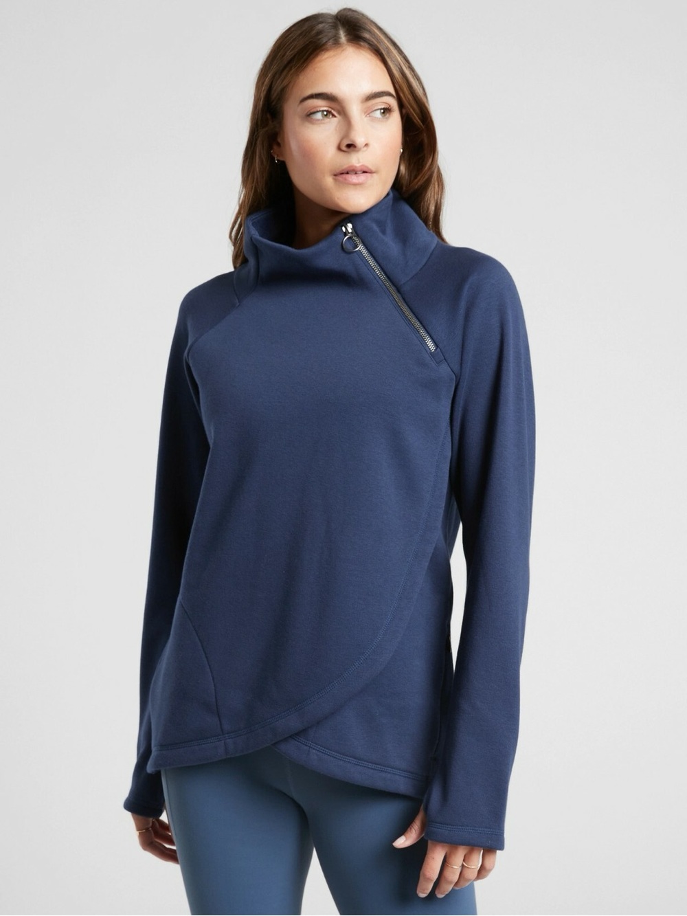 Athleta Cozy Karma Blue Asymmetrical Zip Fleece Lined Pullover Sweatshirt Top